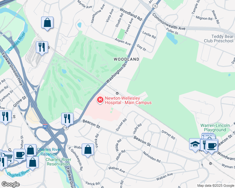 map of restaurants, bars, coffee shops, grocery stores, and more near 1940 Washington Street in Newton