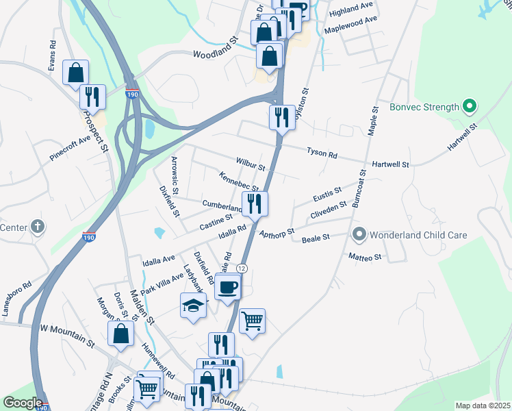 map of restaurants, bars, coffee shops, grocery stores, and more near 1108 West Boylston Street in Worcester