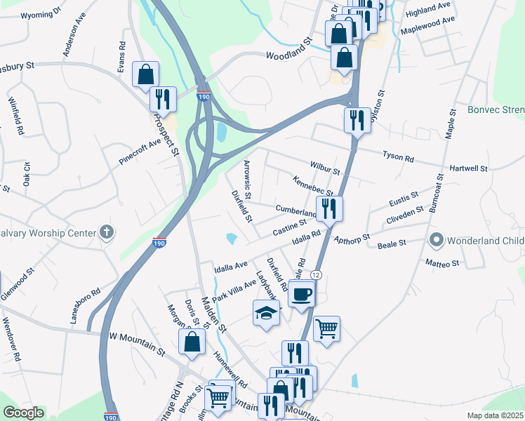 map of restaurants, bars, coffee shops, grocery stores, and more near 21 Cumberland Street in Worcester