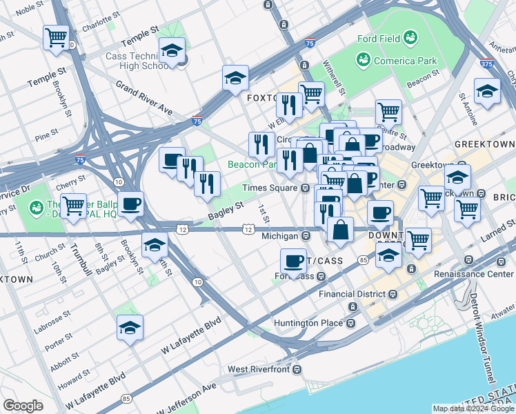 map of restaurants, bars, coffee shops, grocery stores, and more near 1511 1st Street in Detroit