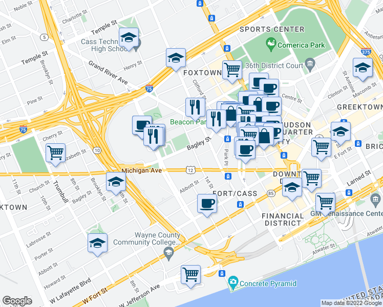 map of restaurants, bars, coffee shops, grocery stores, and more near 1511 1st Street in Detroit