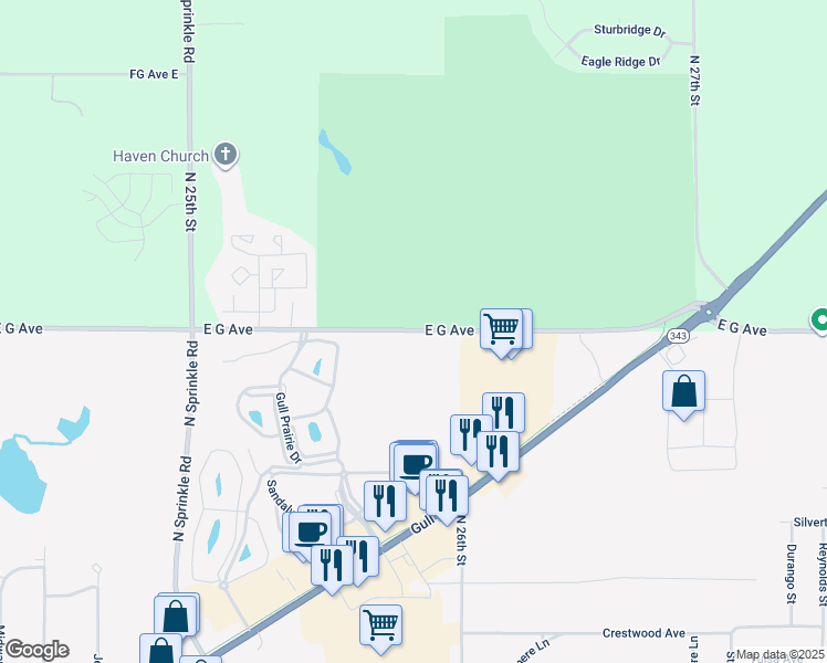 map of restaurants, bars, coffee shops, grocery stores, and more near 5745 East G Avenue in Kalamazoo