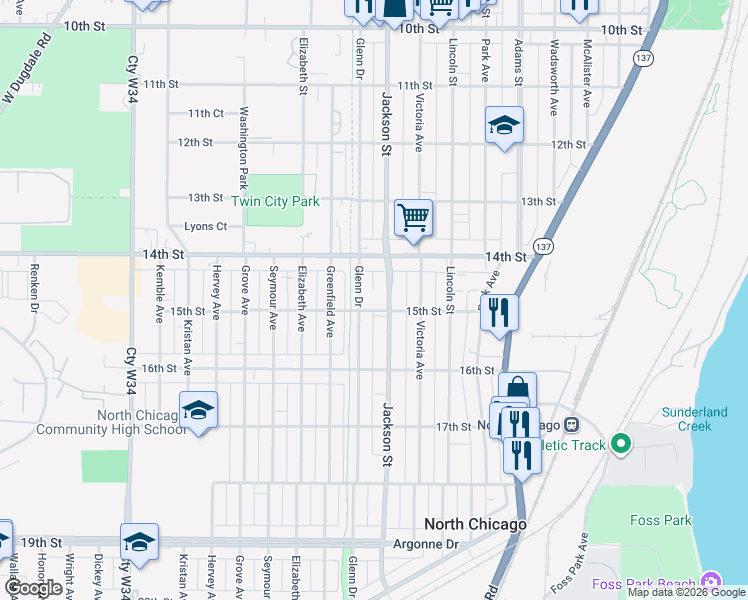 map of restaurants, bars, coffee shops, grocery stores, and more near 1440 Jackson Street in North Chicago