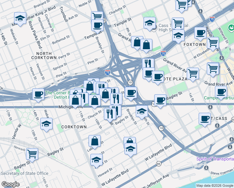map of restaurants, bars, coffee shops, grocery stores, and more near 2113 Brooklyn Street in Detroit