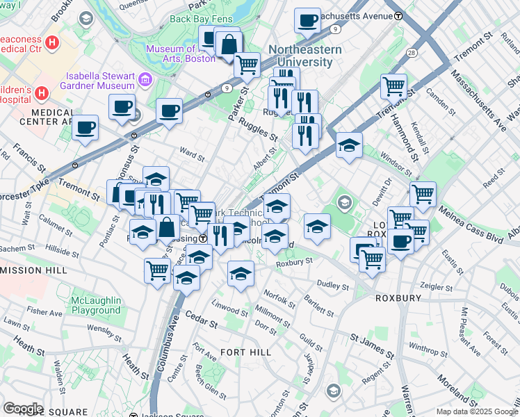 map of restaurants, bars, coffee shops, grocery stores, and more near 1290 Tremont Street in Boston