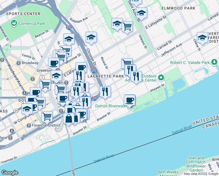 map of restaurants, bars, coffee shops, grocery stores, and more near 960 E Jefferson Ave in Detroit