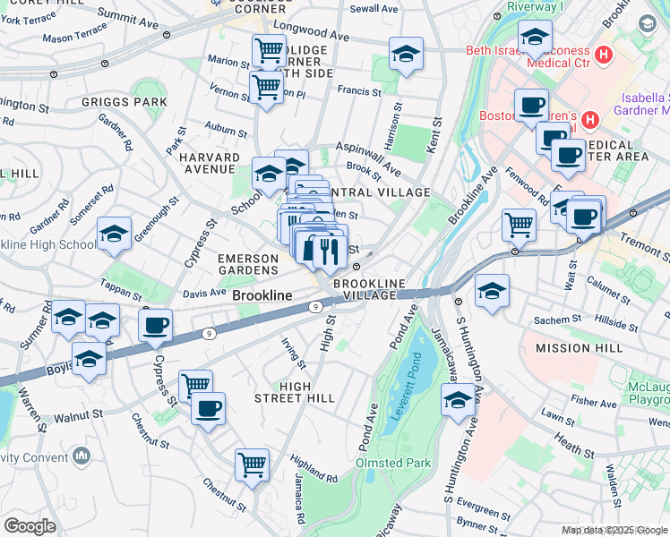 map of restaurants, bars, coffee shops, grocery stores, and more near 4 Station Street in Brookline