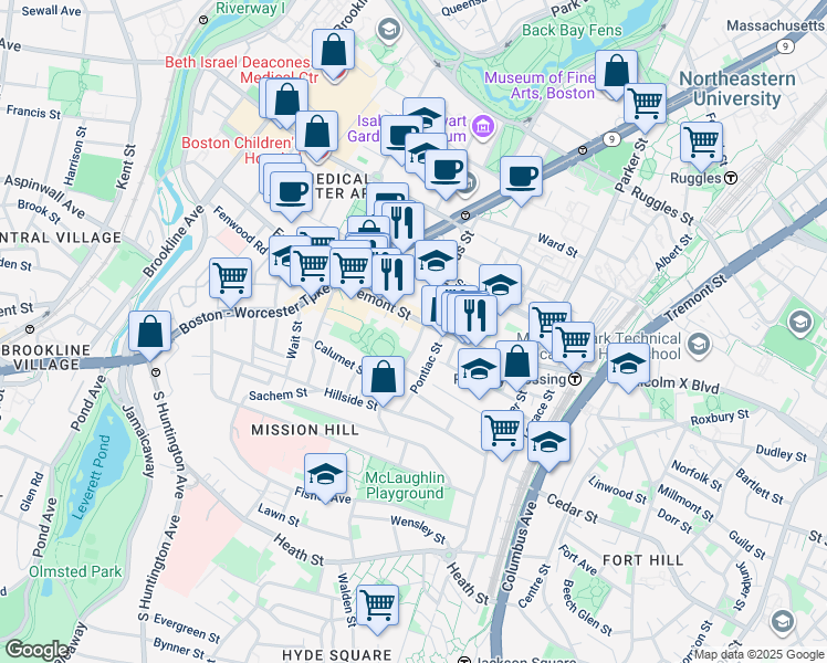 map of restaurants, bars, coffee shops, grocery stores, and more near in Boston