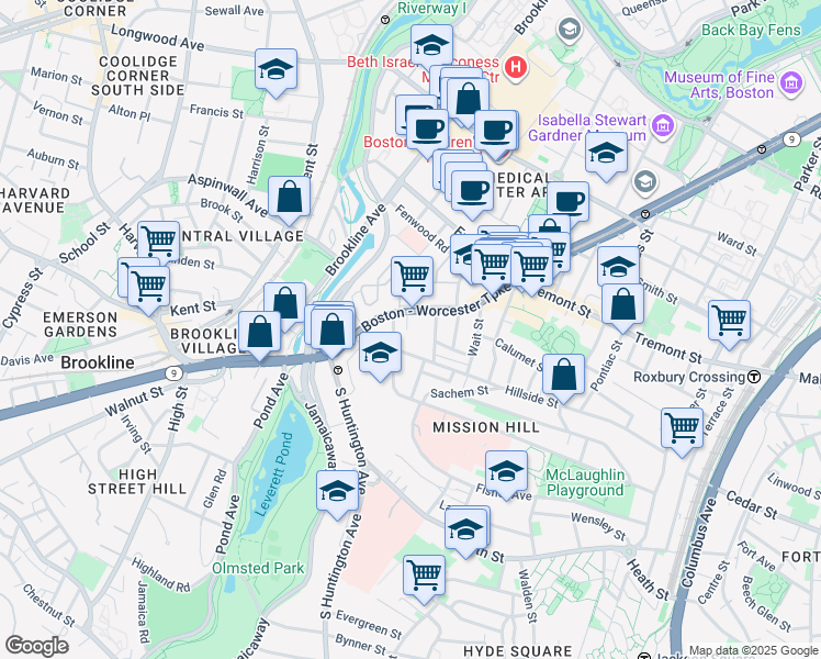 map of restaurants, bars, coffee shops, grocery stores, and more near 2 Shepherd Avenue in Boston