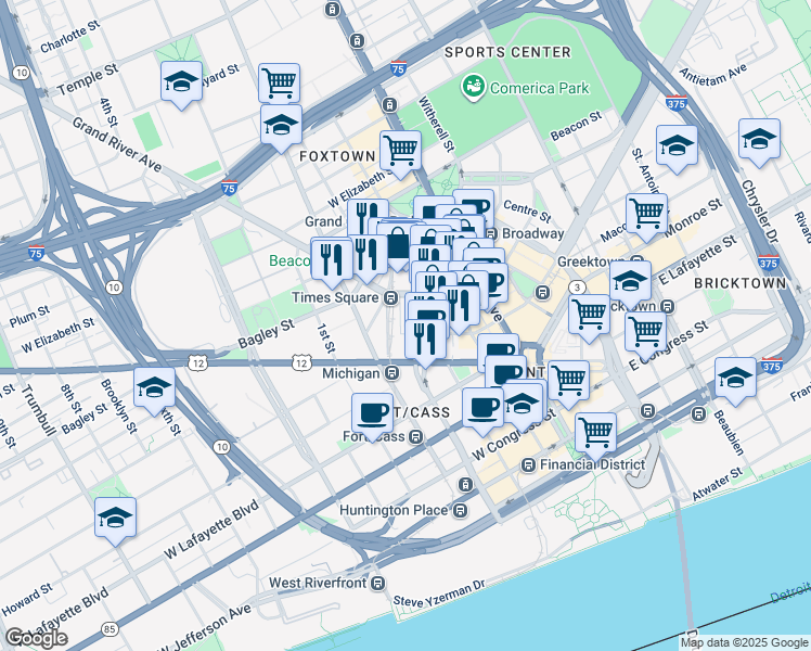map of restaurants, bars, coffee shops, grocery stores, and more near 1201 Washington Boulevard in Detroit