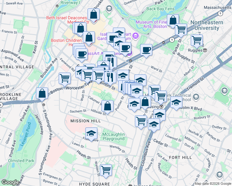 map of restaurants, bars, coffee shops, grocery stores, and more near 135 Saint Alphonsus Street in Boston