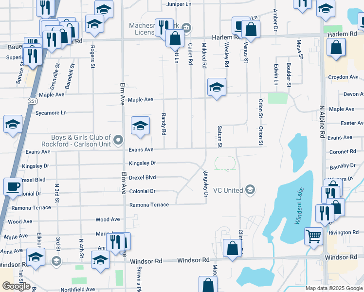 map of restaurants, bars, coffee shops, grocery stores, and more near 7404 Scott Lane in Machesney Park