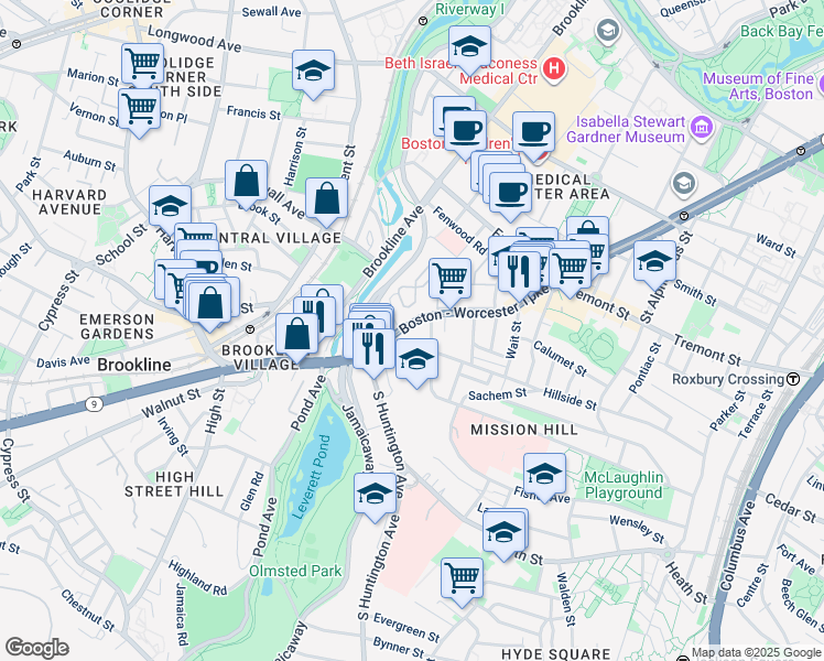 map of restaurants, bars, coffee shops, grocery stores, and more near 852 Huntington Avenue in Boston