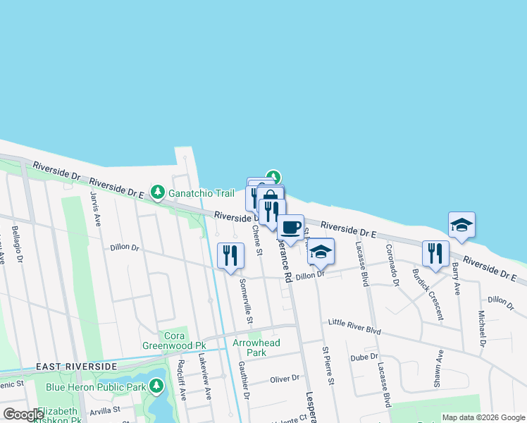 map of restaurants, bars, coffee shops, grocery stores, and more near 12144 Riverside Drive East in Windsor