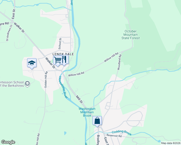 map of restaurants, bars, coffee shops, grocery stores, and more near 80 Willow Hill Road in Lee