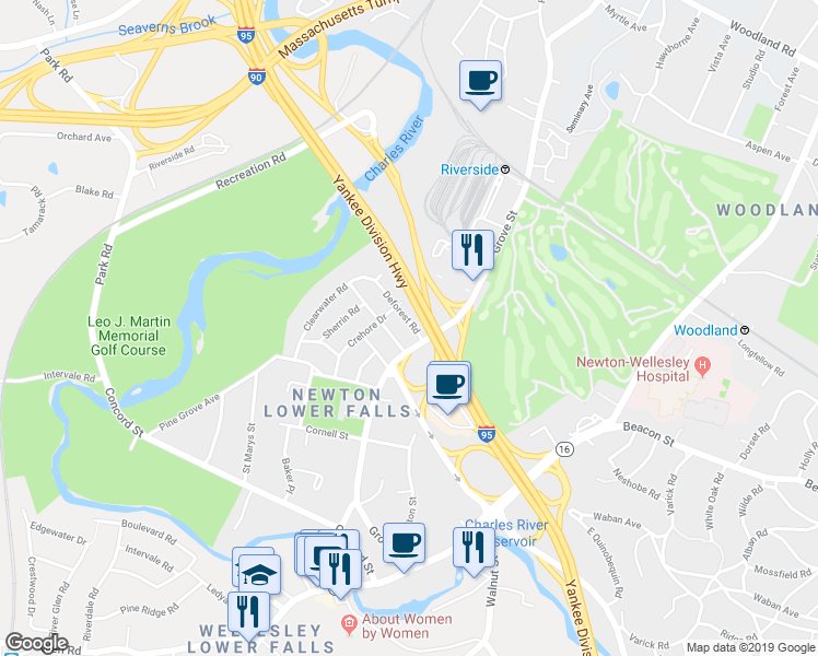 map of restaurants, bars, coffee shops, grocery stores, and more near 53 Deforest Road in Newton