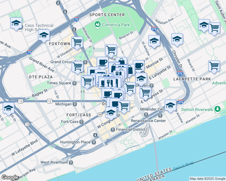 map of restaurants, bars, coffee shops, grocery stores, and more near 1050 Woodward Avenue in Detroit