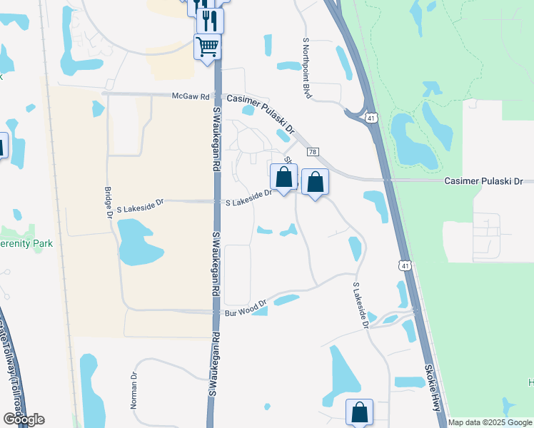 map of restaurants, bars, coffee shops, grocery stores, and more near 1501 South White Oak Drive in Waukegan