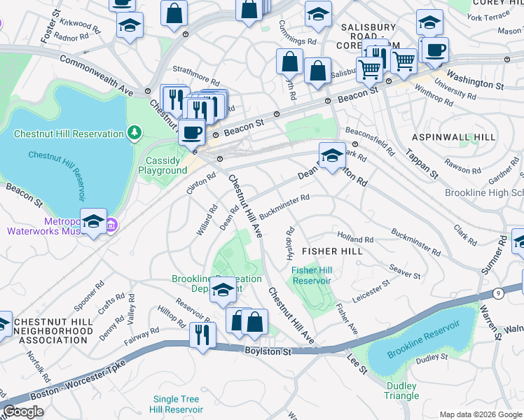 map of restaurants, bars, coffee shops, grocery stores, and more near 184 Dean Road in Brookline