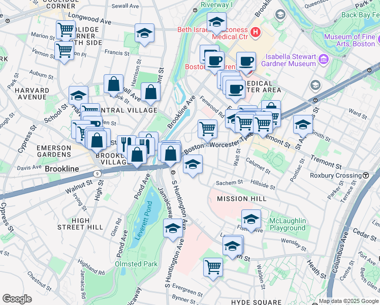 map of restaurants, bars, coffee shops, grocery stores, and more near 852 Huntington Avenue in Boston