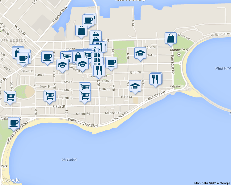 map of restaurants, bars, coffee shops, grocery stores, and more near 697 East 6th Street in Boston