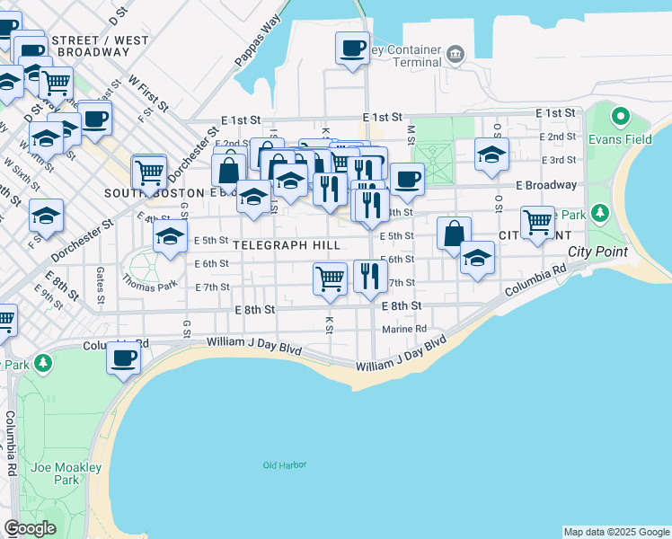 map of restaurants, bars, coffee shops, grocery stores, and more near 589 East 6th Street in Boston