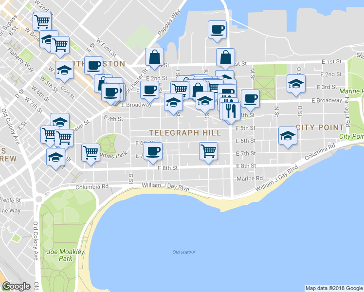 map of restaurants, bars, coffee shops, grocery stores, and more near 151 I Street in Boston