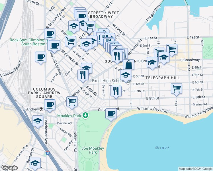 map of restaurants, bars, coffee shops, grocery stores, and more near 53 Old Harbor Street in Boston