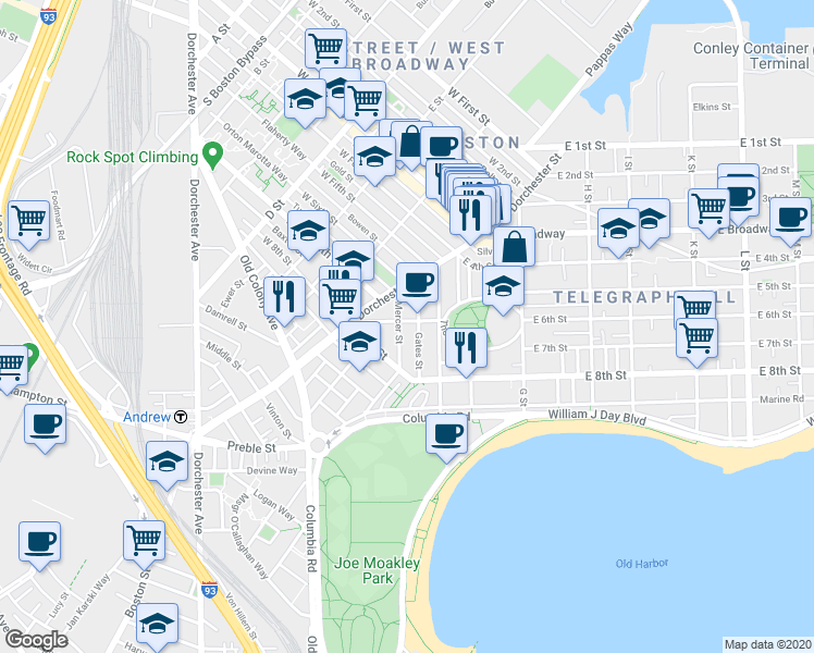 map of restaurants, bars, coffee shops, grocery stores, and more near 22 Mercer Street in Boston