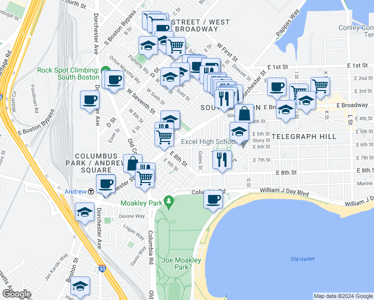 map of restaurants, bars, coffee shops, grocery stores, and more near 22 Mercer Street in Boston
