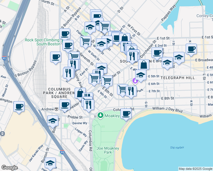 map of restaurants, bars, coffee shops, grocery stores, and more near 2 Telegraph Street in Boston