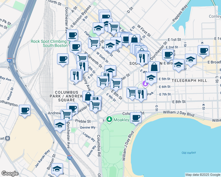 map of restaurants, bars, coffee shops, grocery stores, and more near 2 Telegraph Street in Boston