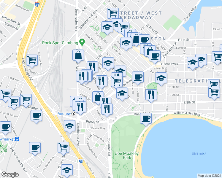 map of restaurants, bars, coffee shops, grocery stores, and more near 218 West 9th Street in Boston
