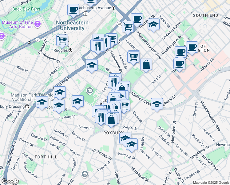 map of restaurants, bars, coffee shops, grocery stores, and more near 723 Shawmut Avenue in Boston