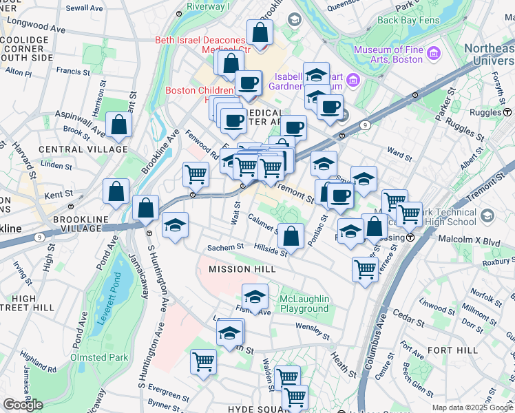 map of restaurants, bars, coffee shops, grocery stores, and more near 25 Calumet Street in Boston