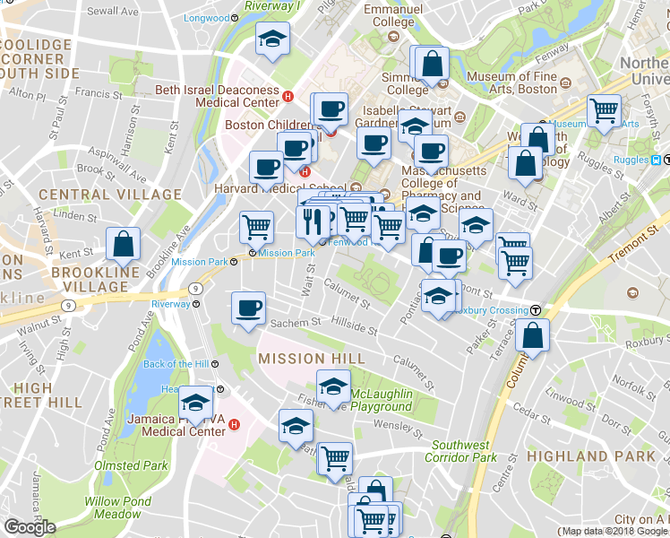 map of restaurants, bars, coffee shops, grocery stores, and more near 25 Calumet Street in Boston