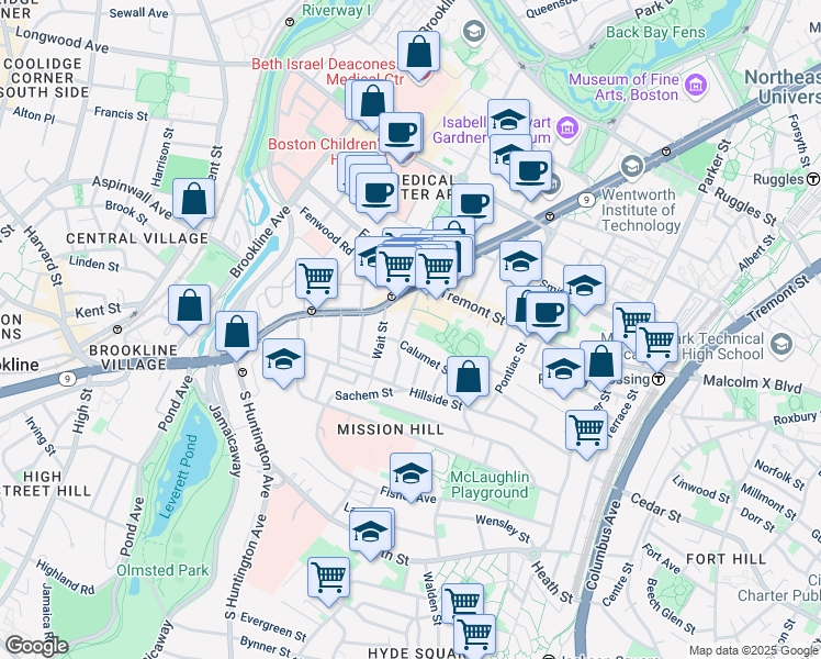 map of restaurants, bars, coffee shops, grocery stores, and more near 25 Calumet Street in Boston
