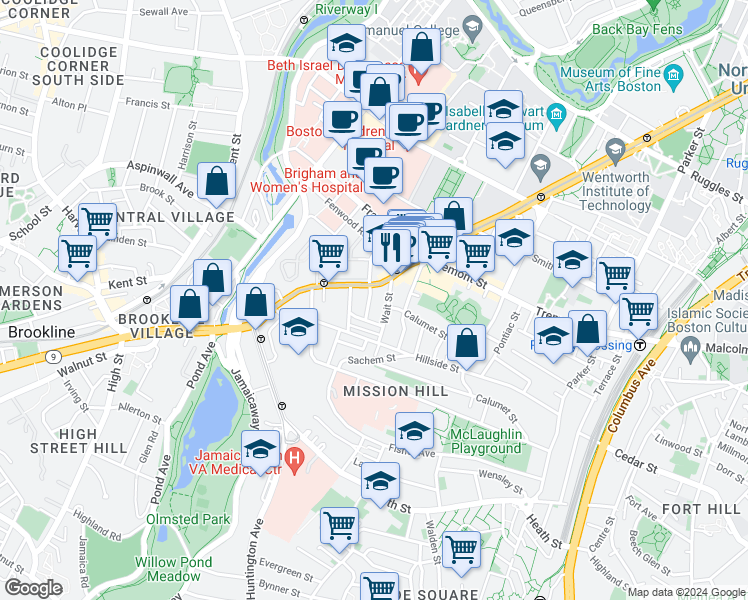 map of restaurants, bars, coffee shops, grocery stores, and more near 800 Huntington Avenue in Boston