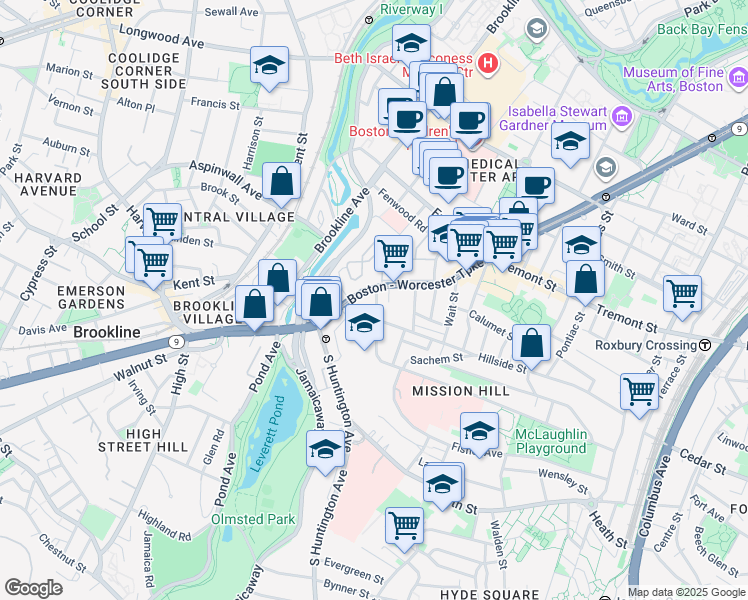 map of restaurants, bars, coffee shops, grocery stores, and more near 2 Shepherd Avenue in Boston