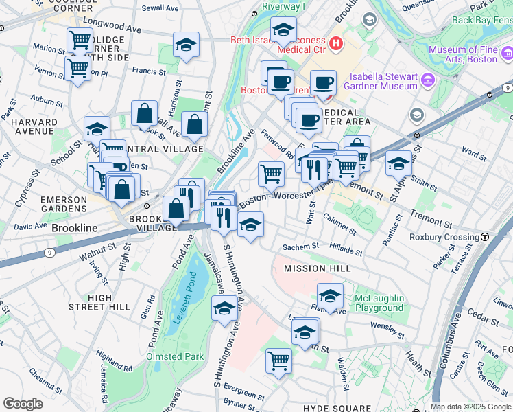 map of restaurants, bars, coffee shops, grocery stores, and more near 852 Huntington Avenue in Boston