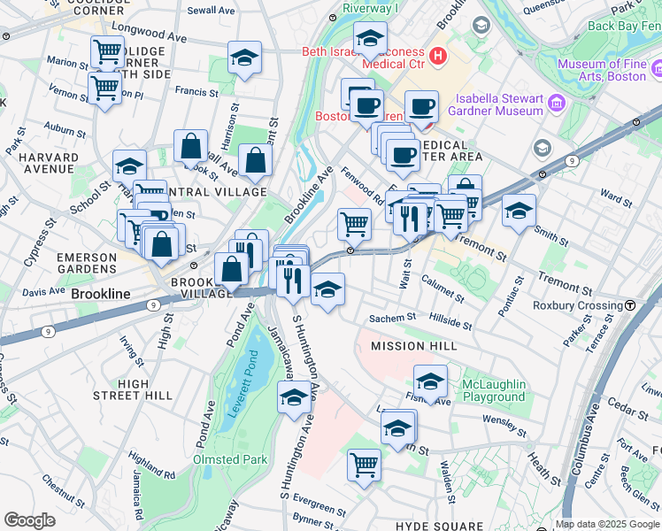 map of restaurants, bars, coffee shops, grocery stores, and more near 852 Huntington Avenue in Boston