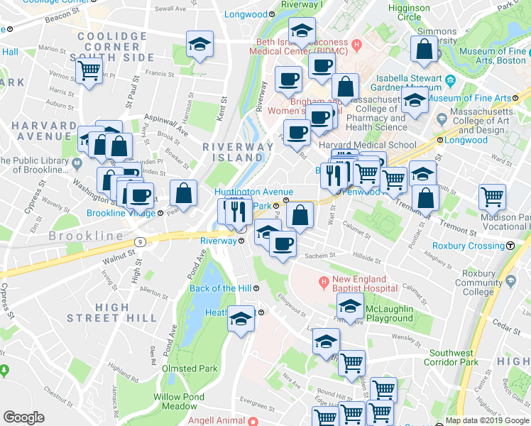 map of restaurants, bars, coffee shops, grocery stores, and more near 852 Huntington Avenue in Boston