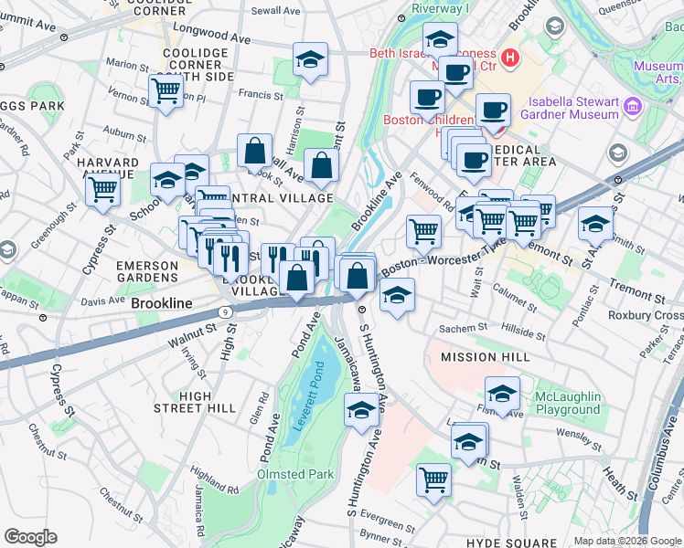 map of restaurants, bars, coffee shops, grocery stores, and more near 382 Riverway in Boston
