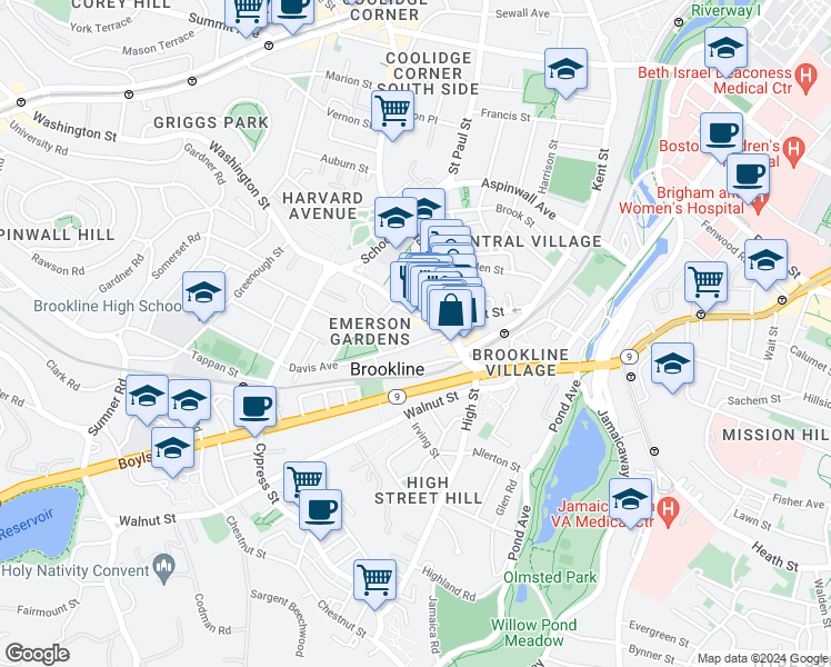 map of restaurants, bars, coffee shops, grocery stores, and more near 284 Washington Street in Brookline