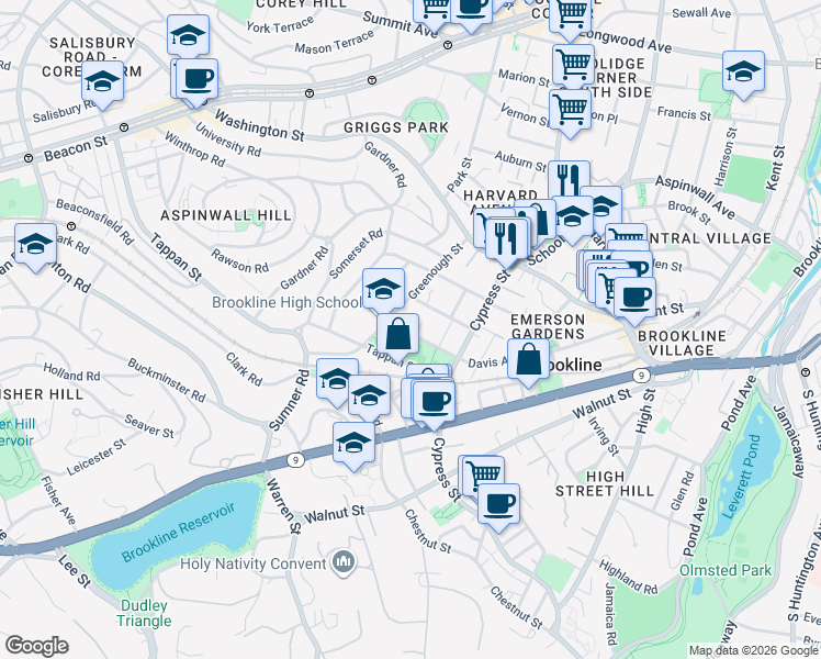 map of restaurants, bars, coffee shops, grocery stores, and more near 185 Davis Avenue in Brookline
