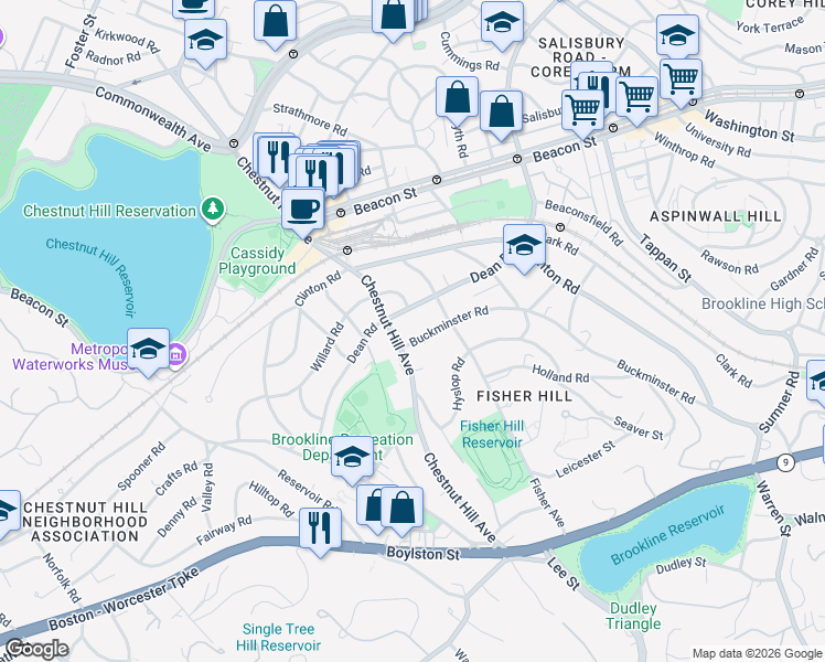 map of restaurants, bars, coffee shops, grocery stores, and more near 184 Dean Road in Brookline