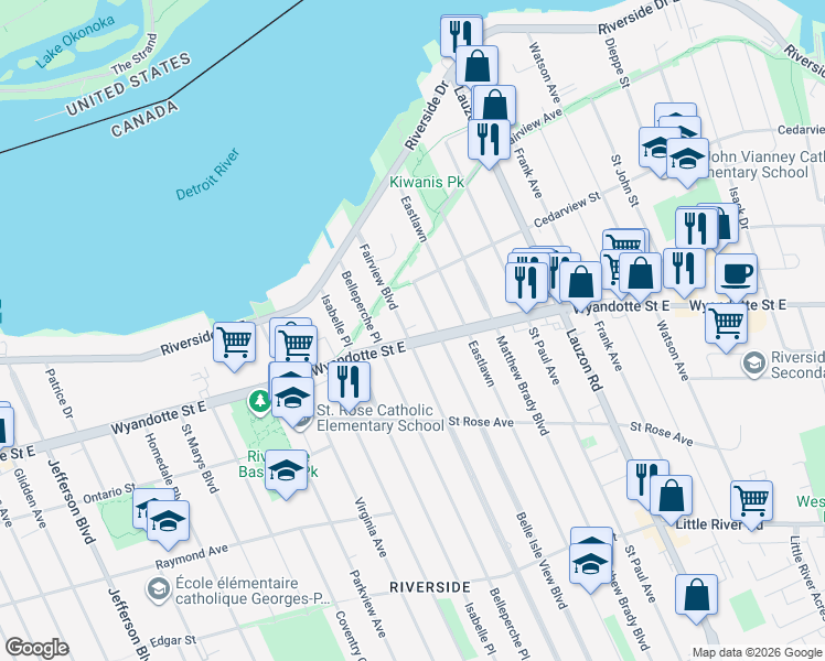 map of restaurants, bars, coffee shops, grocery stores, and more near in Windsor
