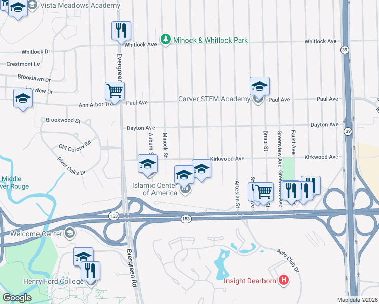 map of restaurants, bars, coffee shops, grocery stores, and more near 6039 Grandville Avenue in Detroit