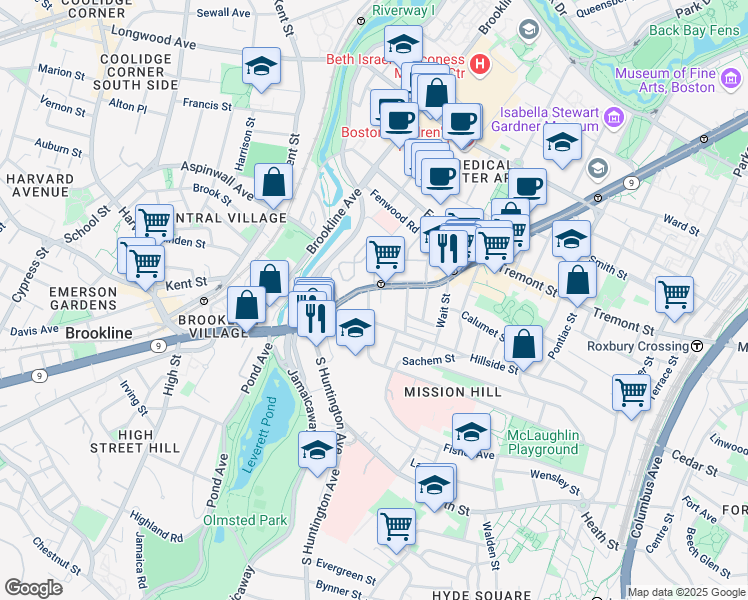 map of restaurants, bars, coffee shops, grocery stores, and more near 10 Parker Hill Avenue in Boston