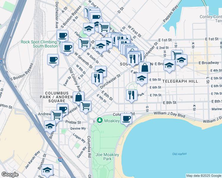 map of restaurants, bars, coffee shops, grocery stores, and more near 37 Telegraph Street in Boston